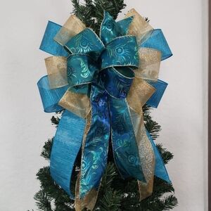 Peacock Christmas Bow, Winter Tree Topper, Christmas Bow.